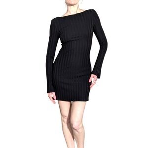 Reformation Cait Open Back Ribbed Mini Dress Bell Sleeve Black Size Small